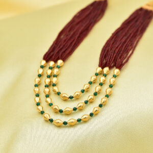 Red Beaded Maal in Gold and Green stones